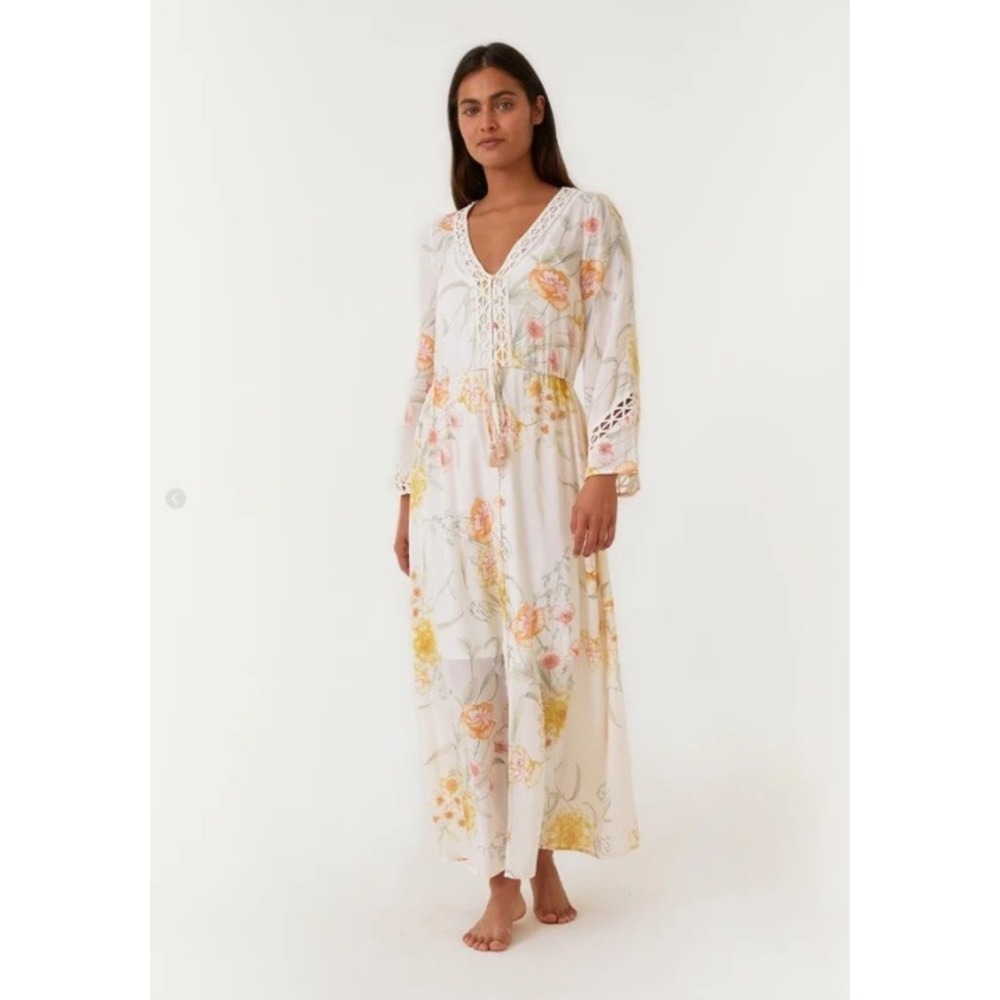 Lovestitch Elise Bell Sleeve Maxi Dress Vneck Floral Lace Trim Tassel Tie Boho L